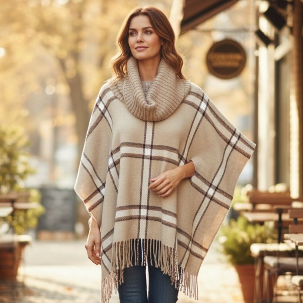 Apt.9 Beige Plaid Cowl Neck Poncho One Size Fits All #219C